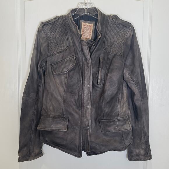 Free People Distressed Leather Jacket RARE The Originals Phoebe Tonkin Taupe 4 - Picture 4 of 11